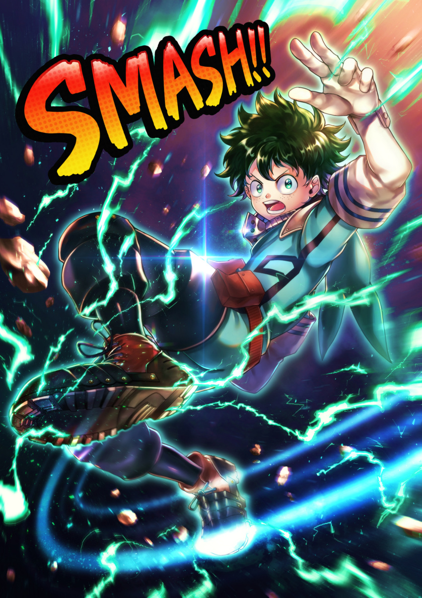 1boy aqua_bodysuit aqua_outline arm_up belt belt_pouch bloom blurry blurry_background boku_no_hero_academia commentary cross-laced_footwear curly_hair debris depth_of_field diffraction_spikes elbow_gloves electricity freckles from_side full_body full_cowling_(boku_no_hero_academia) gloves gradient_background gradient_text green_eyes green_hair halftone_texture highres legs_up light light_trail looking_at_viewer looking_to_the_side male_focus mask midair midoriya_izuku mouth_mask open_mouth pouch red_belt rock serious shoe_soles short_hair sirius_xe soft_focus solo text_focus turning_head utility_belt v-shaped_eyebrows