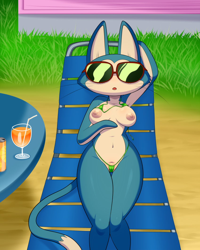 2024 anthro areola bikini blue_body blue_fur breasts camel_toe clothing crossgender domestic_cat dragon_ball eyewear felid feline felis female fur hi_res lonbluewolf mammal multicolored_body multicolored_fur nipples puar_(dragon_ball) solo sunglasses swimwear tan_body tan_fur