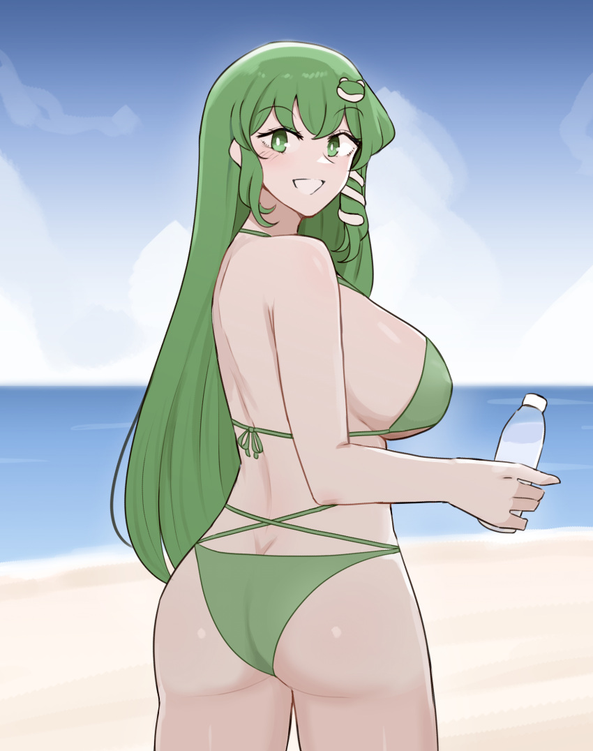 1girl ass beach bikini bottle breasts frog_hair_ornament green_bikini green_eyes green_hair hair_ornament highres huge_breasts kochiya_sanae long_hair looking_at_viewer mata_(matasoup) outdoors sideboob smile solo swimsuit touhou