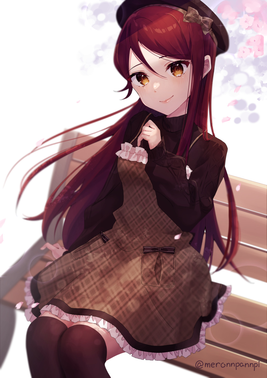 1girl absurdres bench beret bow brown_eyes dress hat hat_bow highres kneehighs long_hair long_sleeves looking_at_viewer love_live! love_live!_sunshine!! meronnpannpi red_hair sakurauchi_riko sitting sleeveless sleeveless_dress smile socks solo spaghetti_strap very_long_hair