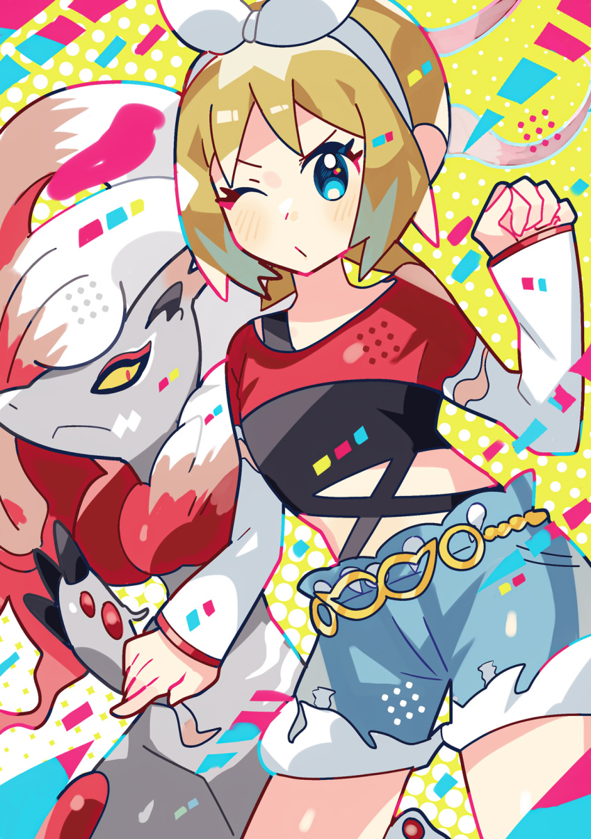 1girl anidler91 black_undershirt blonde_hair blue_eyes blue_shorts bow_hairband denim denim_shorts eyelashes hairband highres hisuian_zoroark irida_(pokemon) irida_(special_costume)_(pokemon) long_sleeves looking_at_viewer official_alternate_costume one_eye_closed pokemon pokemon_(creature) pokemon_masters_ex red_shirt shirt shorts undershirt white_hairband