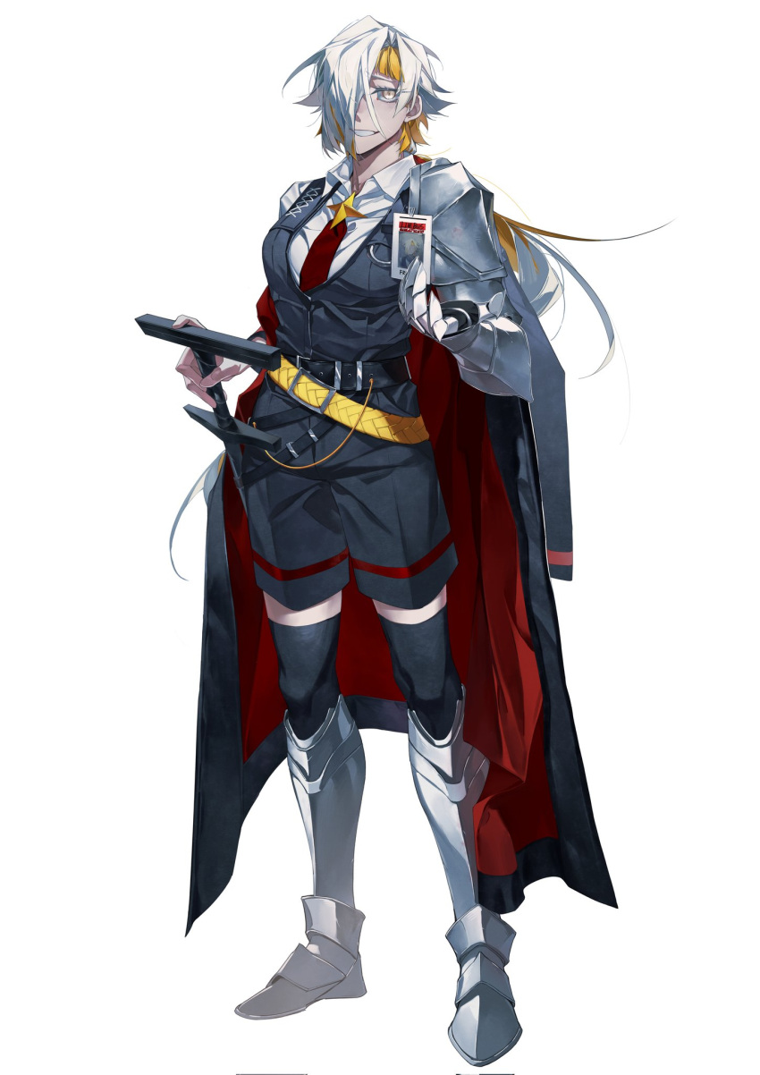 1girl alternate_universe armor belt black_belt black_coat black_shorts black_thighhighs black_vest blonde_hair coat collared_shirt commentary_request corrupted_twitter_file full_body gauntlets hair_intakes hair_over_one_eye highres id_card kromer_(project_moon) limbus_company long_hair looking_at_viewer multicolored_hair nail necktie one_eye_covered open_clothes open_coat oversized_object pauldrons project_moon red_necktie sabaton shirt shorts shoulder_armor shouzuo sidelocks simple_background single_gauntlet single_pauldron solo standing tachi-e thighhighs two-tone_hair vest white_background white_hair white_shirt wing_collar yellow_belt yellow_eyes