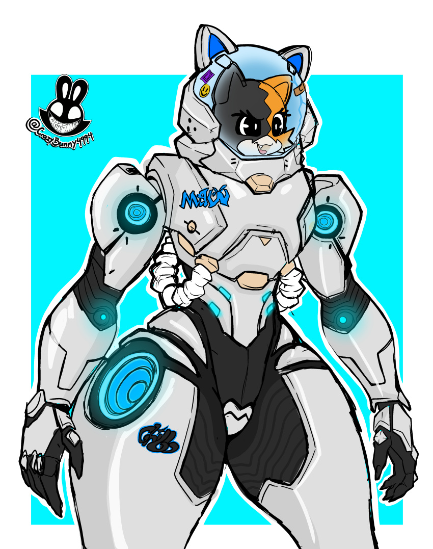 2024 absurd_res anthro armor artist_logo artist_name band-aid bandage black_body black_clothing black_eyes black_fur brown_body brown_fur calico_cat cel_shading christomwow claws clothing codpiece cracked_glass cute_fangs cyan_background domestic_cat epic_games felid feline felis female finger_claws fortnite fur graffiti hi_res katt_(fortnite) logo machine mammal multicolored_body multicolored_fur noseless open_mouth portrait power_armor shaded simple_background skinsuit smile smirk solo spacesuit sticker tailless thick_thighs three-quarter_portrait tight_clothing white_body white_fur