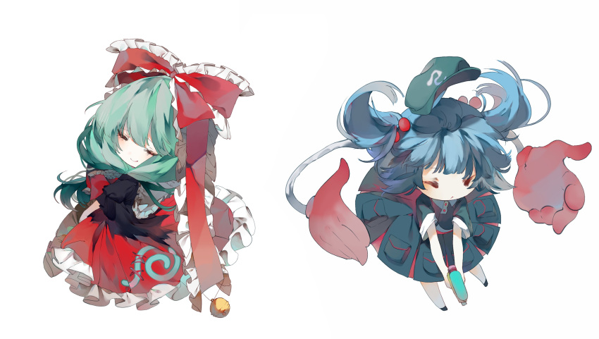 2girls absurdres arm_ribbon backpack bag blue_dress blue_hair bow closed_eyes dress flat_cap frilled_bow frilled_ribbon frills front_ponytail gloves green_bag green_hair green_headwear hair_bobbles hair_bow hair_ornament hair_ribbon hat highres holding holding_weapon kagiyama_hina kappa kawashiro_nitori multiple_girls red_dress red_ribbon ribbon tokin_hat touhou two_side_up weapon white_background wrist_ribbon zhixie_jiaobu