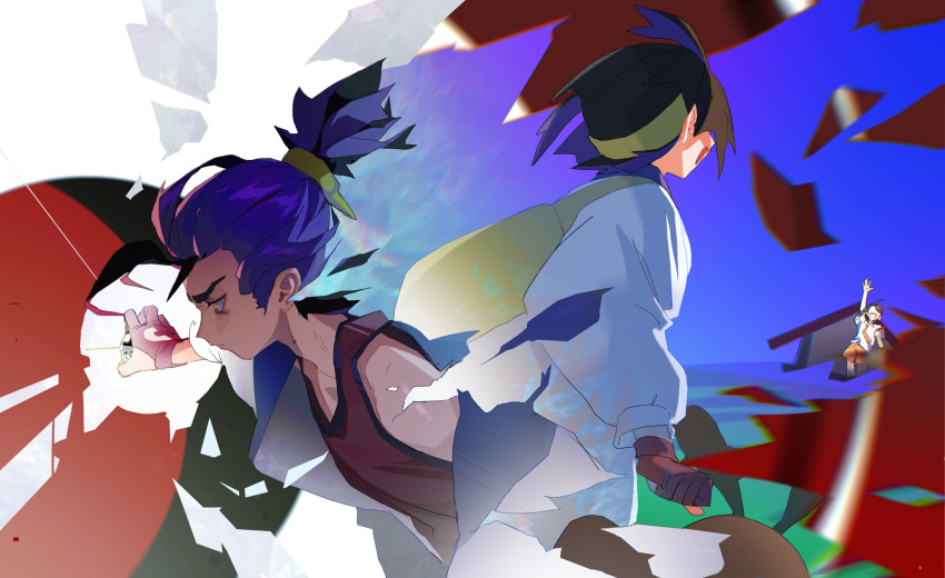 1boy 1girl arm_up bag black_hair closed_mouth dual_persona gloves highres holding holding_poke_ball jacket juliana_(pokemon) kieran_(pokemon) male_focus mole mole_on_neck necktie open_clothes open_jacket open_mouth partially_fingerless_gloves poke_ball pokemon pokemon_sv purple_hair red_gloves red_tank_top school_uniform shirt short_sleeves tank_top utsuru4 uva_academy_school_uniform white_jacket white_shirt