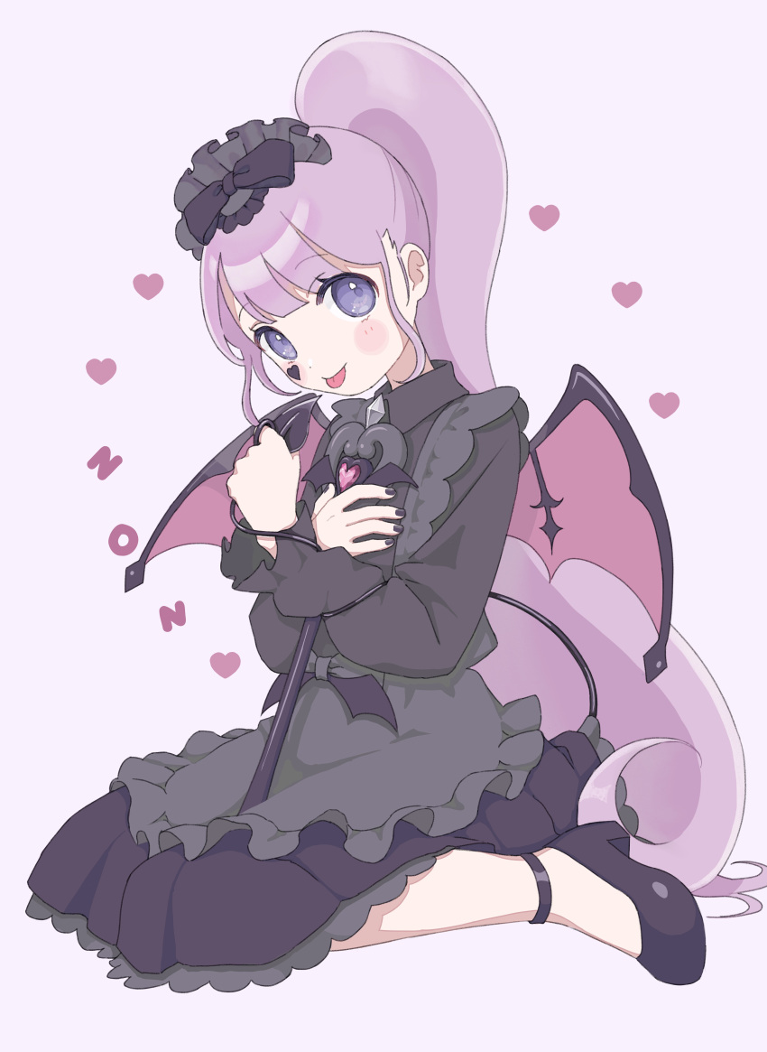 1girl absurdres black_ankleband black_bow black_dress black_footwear black_nails bow character_name demon_tail demon_wings dress grey_background hairband highres holding holding_wand lolita_hairband long_hair long_sleeves looking_at_viewer manaka_non ponytail pretty_series pripara purple_eyes purple_hair solo tail tongue tongue_out uxu_uxa_axa very_long_hair wand wings