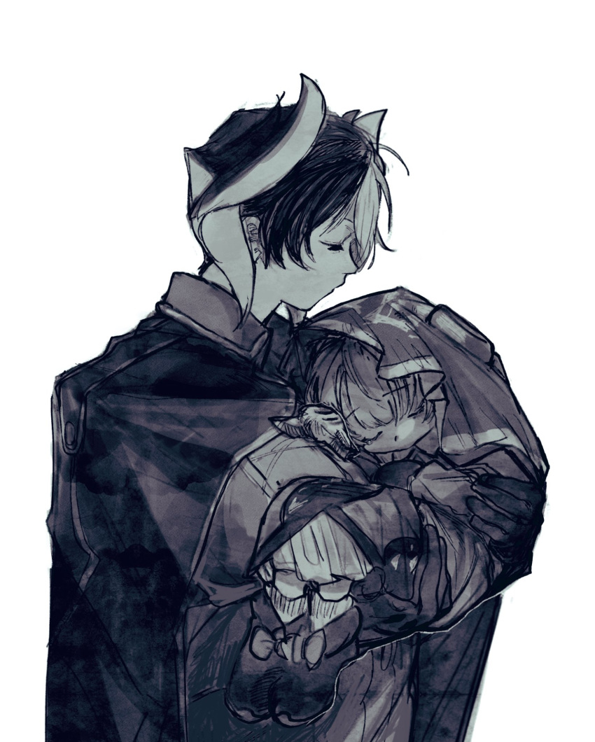 1boy 1girl bad_id bad_pixiv_id bags_under_eyes bow carrying child cloak closed_mouth commentary_request dress footwear_bow gloves greyscale hair_horns half-closed_eyes highres jacket long_sleeves looking_at_another made_in_abyss maruruk monochrome multicolored_hair netetsu_(yyrf3o) official_alternate_costume otoko_no_ko ozen princess_carry profile shoes short_hair single_tear sleeping socks streaked_hair upper_body veil whistle whistle_around_neck yurie_mouth