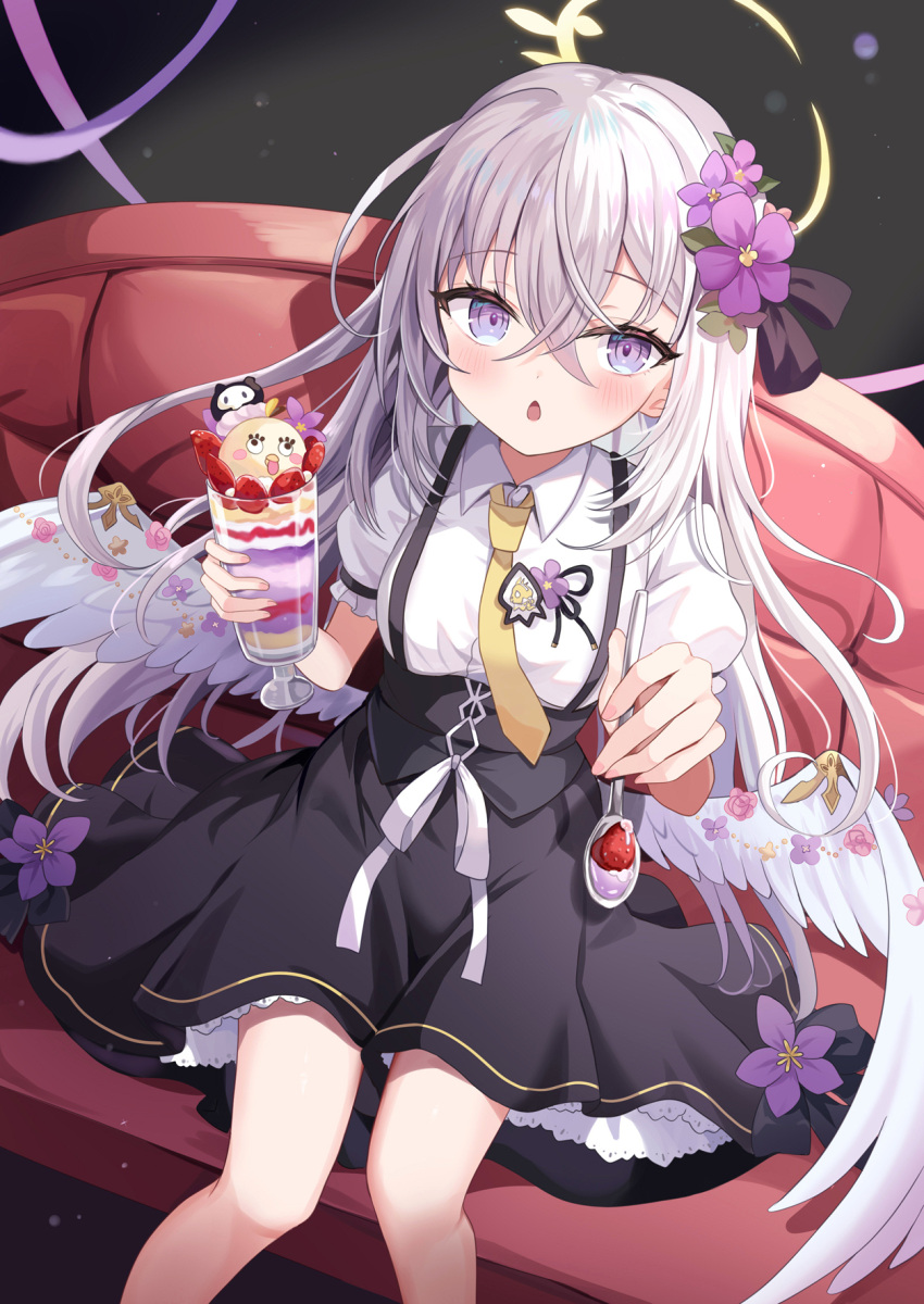 1girl angel_wings azusa_(blue_archive) black_skirt blue_archive blush collared_shirt feathered_wings feet_out_of_frame flower food grey_hair hair_between_eyes hair_flower hair_ornament halo highres holding holding_spoon long_hair looking_at_viewer open_mouth parfait purple_eyes purple_flower retsuto shirt short_sleeves skirt solo spoon white_shirt white_wings wings yellow_halo