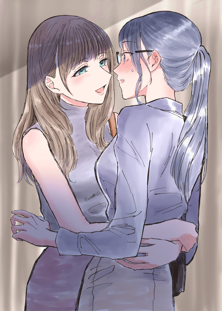 2girls absurdres aqua_eyes bare_arms black_hair blush brown_hair collared_shirt commentary_request ear_blush eye_contact glasses grey_eyes grey_shirt grey_skirt hands_on_another's_waist highres hug long_hair looking_at_another multiple_girls open_mouth original parted_lips ponytail purple_shirt purple_skirt shirt skirt sleeveless sleeveless_shirt smile upper_body yuri yuri_kyanon
