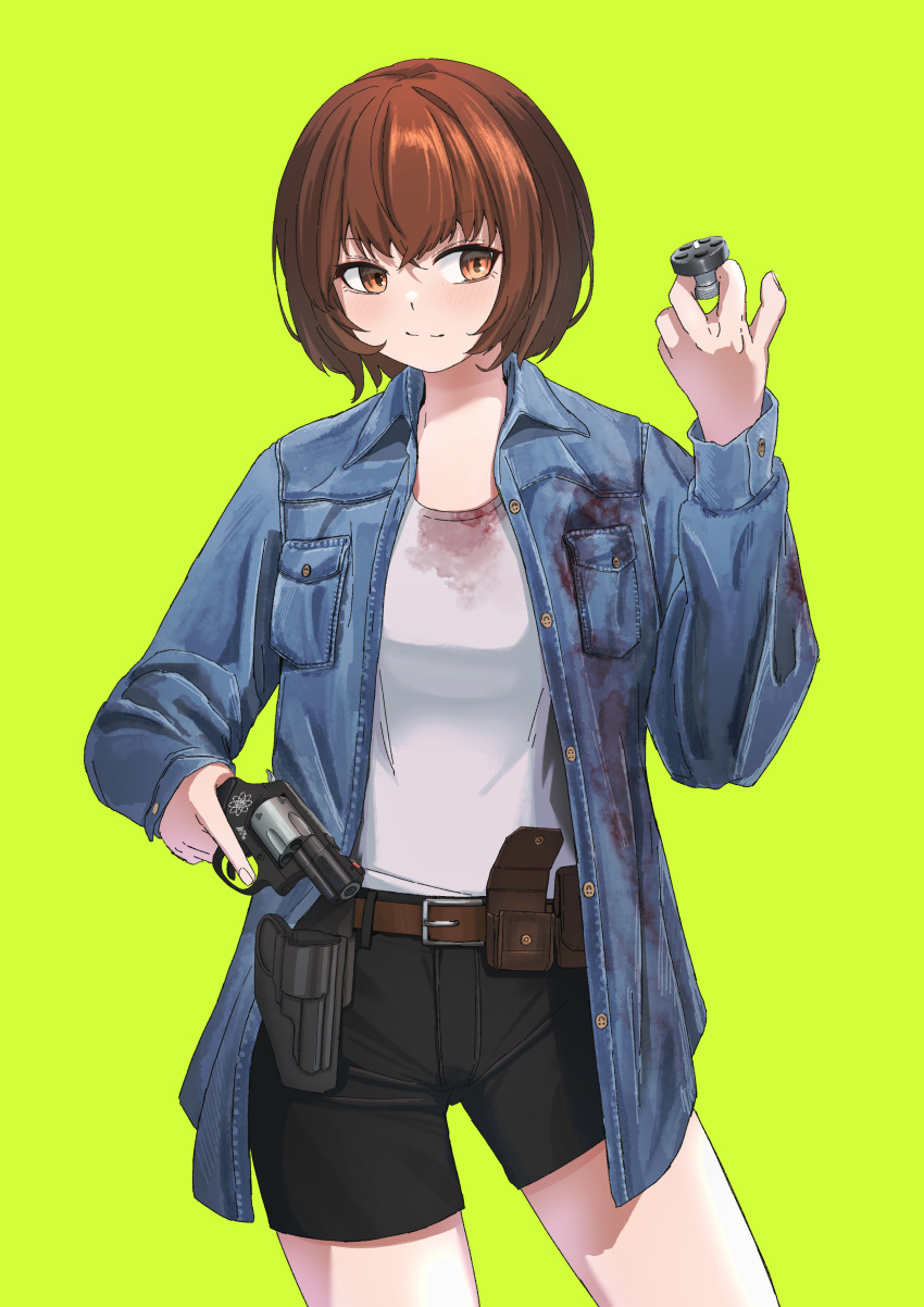 1girl absurdres belt blood blood_on_clothes bob_cut brown_eyes brown_hair green_background gun highres jacket okapi_(yomaigoto) open_clothes open_jacket original reloading revolver shirt shorts smile solo t-shirt trigger_discipline weapon