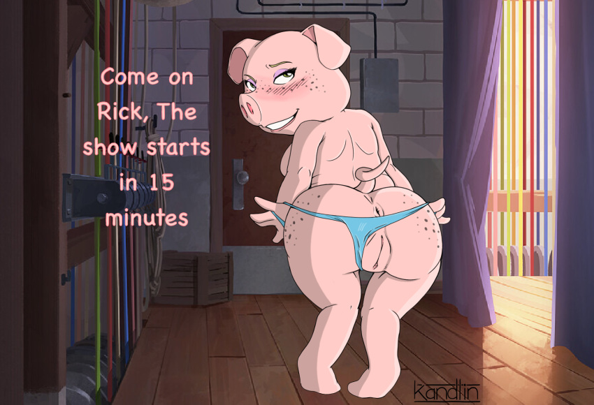 anthro anus backstage bedroom_eyes blush butt clitoris clothed clothing clothing_aside curled_tail curtains domestic_pig door female freckled_butt freckles freckles_on_face furrycheetah_(artist) genitals hi_res illumination_entertainment kandlin looking_at_viewer looking_back looking_back_at_viewer mammal narrowed_eyes panties panties_aside panties_only pig_nose pussy rigging rosita_(sing) seductive shoulder_blades sing_(movie) smile solo suid suina sus_(pig) tail teeth_showing third-party_edit topless underwear underwear_aside underwear_only