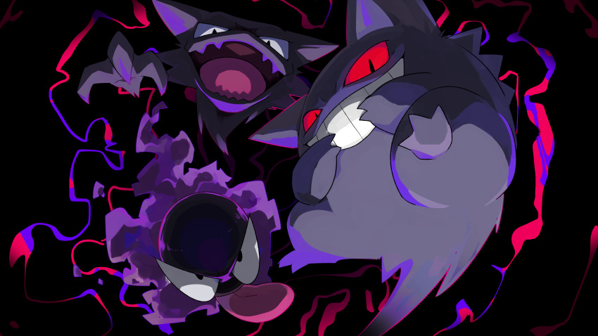 absurdres black_background black_eyes commentary_request evolutionary_line gastly gengar grin haunter highres kura_(shironagasu02) looking_at_viewer looking_down no_humans open_mouth pokemon pokemon_(creature) red_eyes smile teeth tongue tongue_out