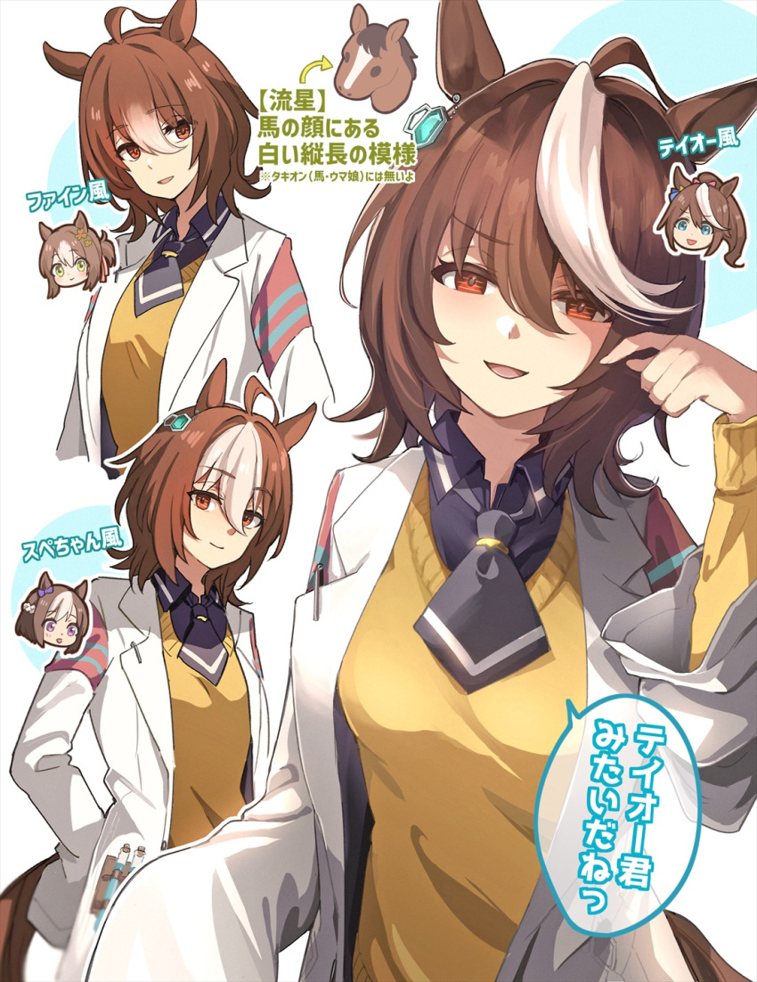 agnes_tachyon_(umamusume) ahoge alternate_hairstyle animal_ears black_necktie blue_eyes braid brown_hair clover_hair_ornament earrings fine_motion_(umamusume) green_eyes hair_between_eyes hair_bun hair_ornament highres horse_ears horse_girl horse_tail jewelry kaho_(ramb) lab_coat long_hair long_sleeves looking_at_viewer multicolored_hair multiple_girls necktie ponytail purple_eyes red_eyes shirt short_hair simple_background single_earring sleeves_past_fingers sleeves_past_wrists smile special_week_(umamusume) streaked_hair sweater tail tokai_teio_(umamusume) two-tone_hair umamusume white_background white_hair yellow_shirt yellow_sweater