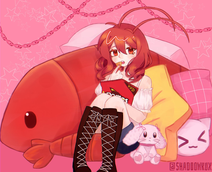 1girl antennae artist_name bare_shoulders black_footwear blue_shorts boots cat-shaped_pillow doritos dress drill_hair eating food funamusea highres holding holding_food lobco_(wadanohara) lobster lobster_girl lobster_tail looking_at_viewer mattress off-shoulder_dress off_shoulder oounabara_to_wadanohara open_mouth pillow pink_pillow pink_theme plaid_pillow red_eyes red_hair shad00wkux shorts sitting solo star-shaped_pillow stuffed_animal stuffed_lobster stuffed_rabbit stuffed_toy teeth twin_drills upper_teeth_only white_dress