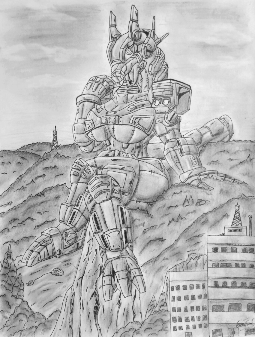 absurd_res anthro big_breasts breasts earth_garon female graphite_(artwork) hi_res machine metallic_body mountain overlord_gabriel pencil_(artwork) robot solo traditional_media_(artwork) ultraman_(series) ultraman_blazar