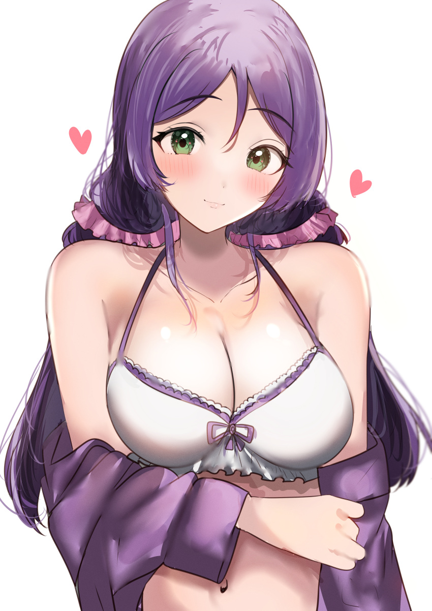 1girl absurdres bare_shoulders bikini breasts closed_mouth collarbone commentary_request double-parted_bangs green_eyes hair_ornament hair_scrunchie heart highres jacket large_breasts long_hair looking_at_viewer love_live! love_live!_school_idol_project low_twintails off_shoulder purple_hair purple_jacket scrunchie smile solo sunya_(honorin-yuunibo) swimsuit tojo_nozomi twintails upper_body white_background white_bikini