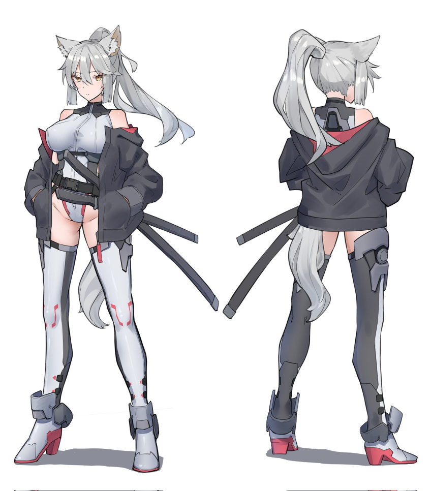 1girl animal_ears bare_shoulders belt boots breasts covered_nipples full_body grey_hair hands_in_pockets high_heel_boots high_heels highleg highleg_leotard highres jacket large_breasts leotard looking_at_viewer multiple_views open_clothes open_jacket original ringobatake scabbard sheath shiny_clothes shiny_legwear shiny_skin strap sword tail thigh_boots two-tone_legwear weapon wolf_ears wolf_tail yellow_eyes