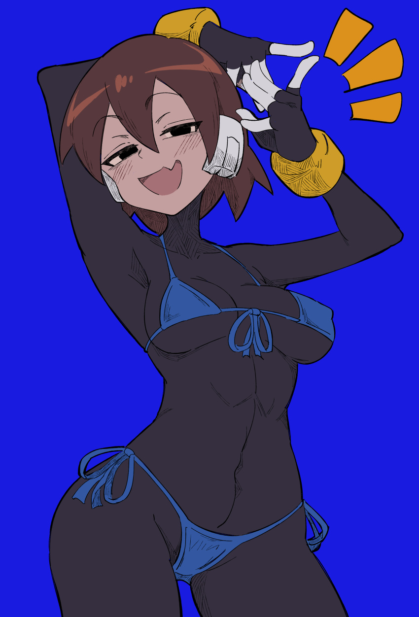 1girl absurdres aile_(mega_man_zx) arm_above_head bikini black_bodysuit black_eyes blue_background blue_bikini blush bodysuit bodysuit_under_clothes breasts brown_hair buzzlyears covered_collarbone covered_navel covered_nipples fang front-tie_bikini_top front-tie_top highres looking_at_viewer medium_breasts mega_man_(series) mega_man_zx short_hair side-tie_bikini_bottom simple_background skin_fang skin_tight smug solo swimsuit