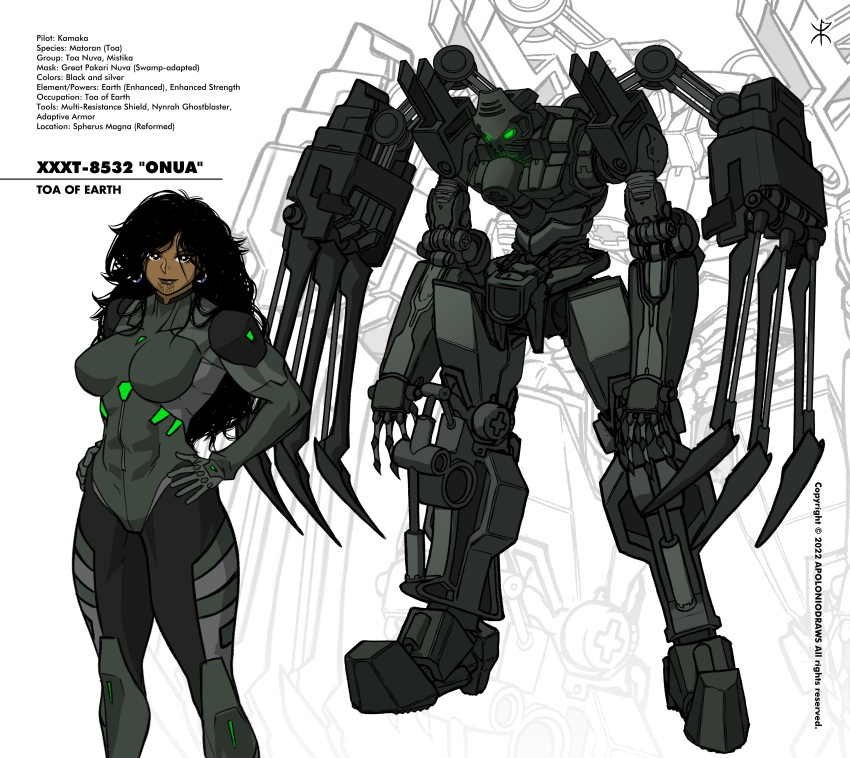 1girl absurdres apoloniodraws bionicle black_bodysuit black_eyes black_hair black_lips bodysuit breasts character_name commission earrings english_commentary glowing glowing_eyes green_eyes hands_on_own_hips highres jewelry large_breasts long_hair looking_down mecha mechanization nose_piercing onua_(bionicle) piercing robot smile the_lego_group