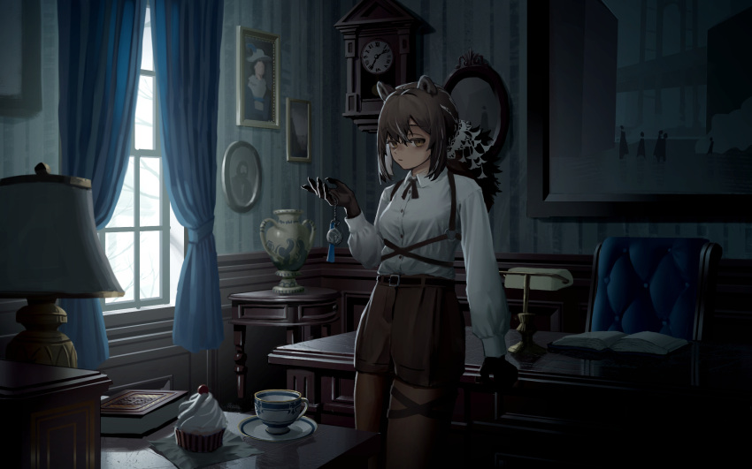 1girl against_object animal_ears arknights arm_support armchair bags_under_eyes black_gloves book breasts brown_eyes brown_hair brown_pantyhose brown_shorts chair chest_harness claws clock closed_mouth collared_shirt cuckoo_clock cup cupcake day desk desk_lamp food freckles gloves half-closed_eyes hand_up harness highres holding holding_pocket_watch indoors lamp leaning_back long_hair long_sleeves looking_at_viewer medium_breasts o-ring open_book oukayu painting_(object) pantyhose pantyhose_under_shorts pocket_watch ponytail portrait_(object) raccoon_ears robin_(arknights) scenery shirt short_shorts shorts solo standing teacup vase wall_clock watch white_shirt window
