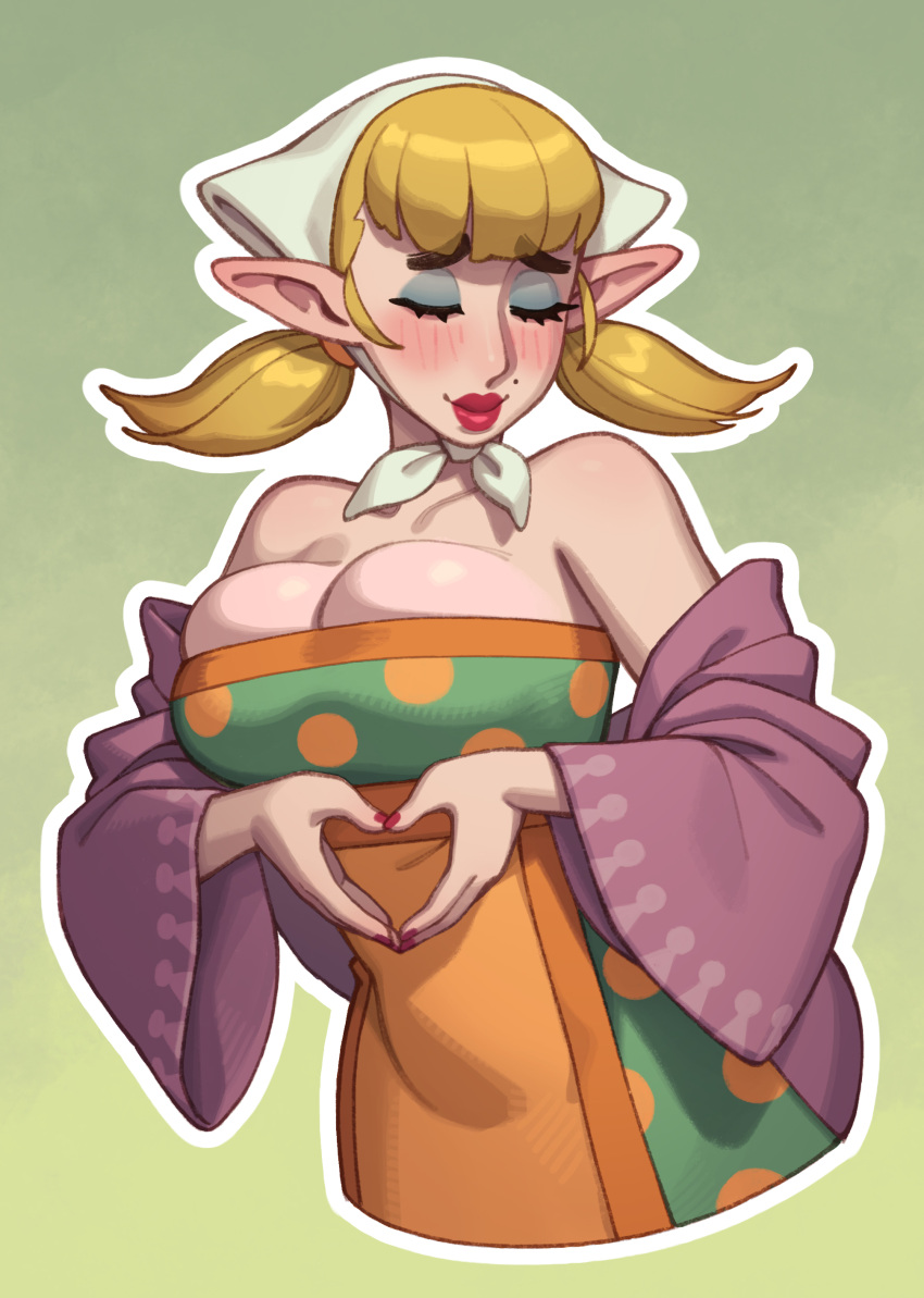 1girl absurdres bare_shoulders blonde_hair blush breasts cleavage closed_eyes eyeshadow green_background highres large_breasts lipstick makeup medium_hair mole mole_above_mouth nail_polish nintendo outline peatrice_(zelda) pointy_ears red_lips red_nails riz simple_background skindentation solo the_legend_of_zelda the_legend_of_zelda:_skyward_sword twintails white_outline