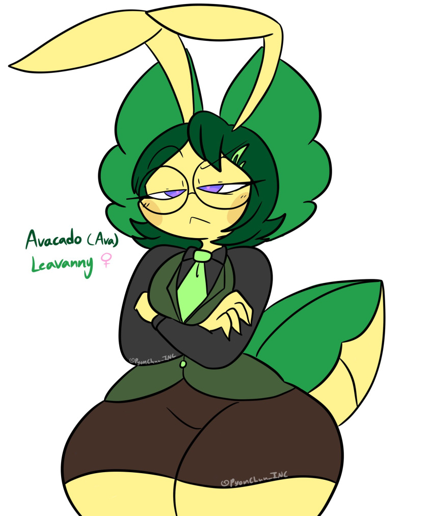 antennae_(anatomy) anthro bottomwear clothing eyewear female generation_5_pokemon glasses green_hair hair hi_res leavanny lewdchuu_(artist) necktie nintendo pokemon pokemon_(species) purple_eyes shirt shorts simple_background solo thick_thighs topwear white_background yellow_body