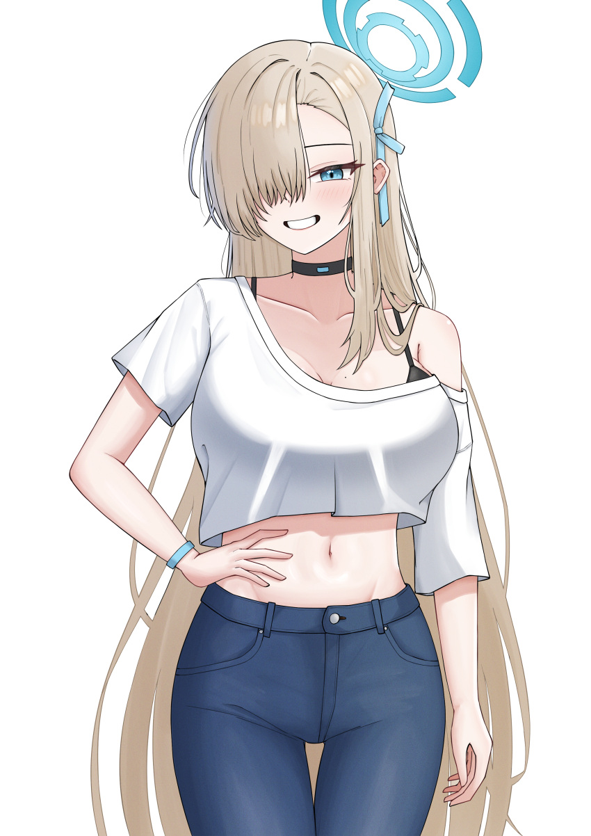 1girl absurdres arm_at_side asuna_(blue_archive) bare_shoulders black_bra black_choker blonde_hair blue_archive blue_eyes blue_halo blue_pants blue_ribbon blush bra breasts choker collarbone cowboy_shot crop_top cropped_shirt denim grin groin hair_over_one_eye hair_ribbon half-closed_eye halo hand_on_own_hip highres jeans large_breasts long_hair looking_at_viewer midriff mole mole_on_breast mollra navel one_eye_covered pants ribbon shirt short_sleeves simple_background smile solo standing t-shirt underwear very_long_hair white_background white_shirt