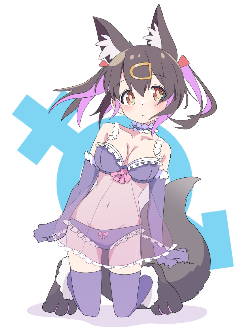 1girl :/ absurdres animal_ear_fluff animal_ears babydoll bare_shoulders black_hair bow bow_panties breasts brown_eyes choker collarbone commentary dot_nose elbow_gloves fox_ears fox_tail frilled_choker frilled_panties frills full_body gloves groin hair_between_eyes hair_ornament hairclip highres kneeling light_blush lingerie looking_at_viewer medium_breasts medium_hair multicolored_hair navel official_alternate_costume onii-chan_wa_oshimai! oyama_mihari panties paw_shoes purple_choker purple_gloves purple_hair purple_thighhighs see-through see-through_babydoll simple_background solo tail teira_(ooxoo) thighhighs twintails two-tone_hair underwear venus_symbol white_background