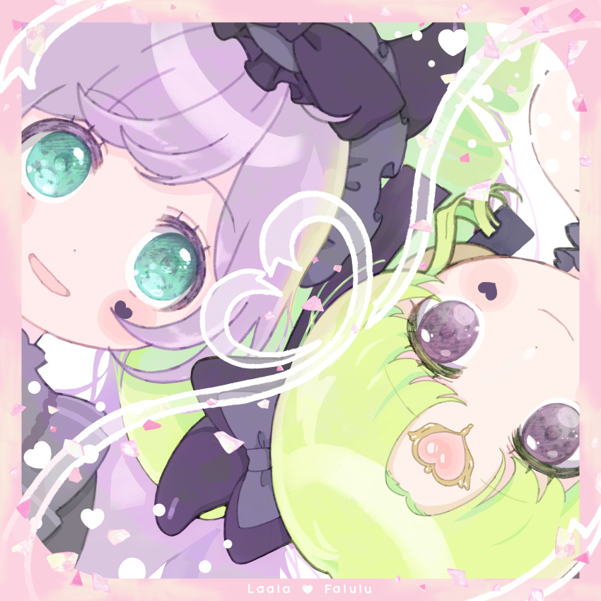 2girls absurdres blush_stickers border facial_mark fake_horns falulu forehead_jewel green_eyes green_hair heart heart-shaped_gem heart_facial_mark highres horns long_hair looking_at_viewer manaka_laala multiple_girls open_mouth pink_border pretty_series pripara purple_eyes purple_hair rotational_symmetry smile uxu_uxa_axa