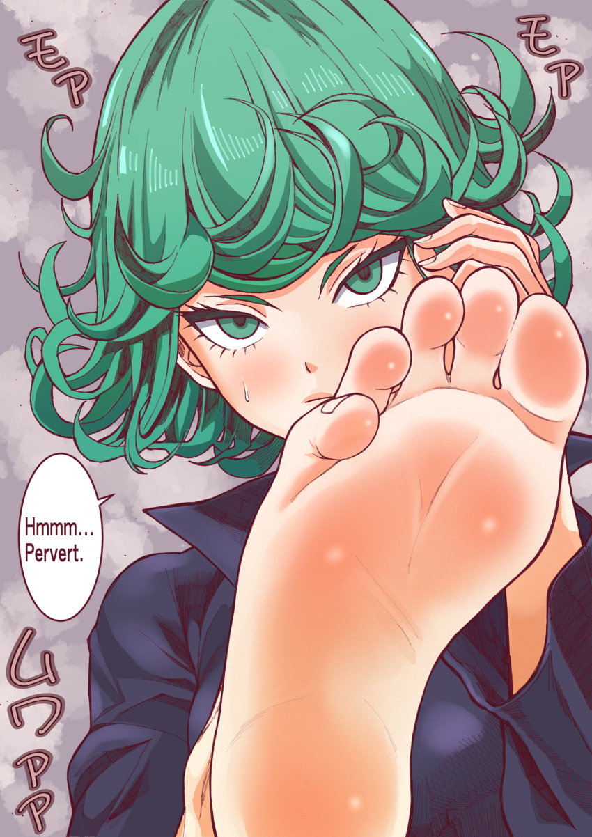 1girl asikoma7777 barefoot blush english_text feet fingernails foot_focus green_eyes green_hair highres looking_at_viewer one-punch_man simple_background soles solo speech_bubble sweatdrop tatsumaki toenails toes