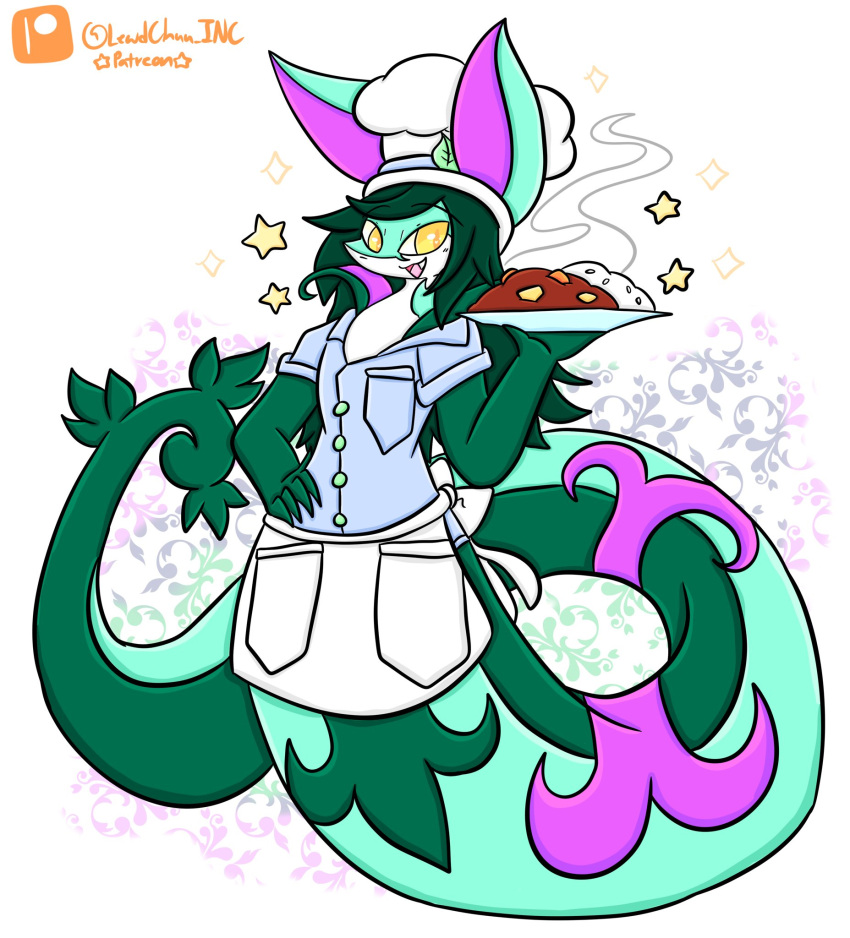 anthro apron chef chef_hat clothing curry food generation_5_pokemon green_body green_hair hair hat headgear headwear hi_res legless lewdchuu_(artist) male nintendo pokemon pokemon_(species) serperior shirt solo star topwear yellow_eyes