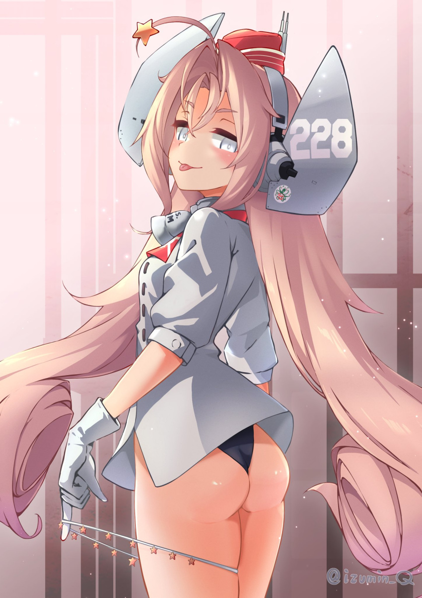 1girl ass bell coat drum_(kancolle) garrison_cap gloves hair_ornament hat headgear highres izumikuma kantai_collection long_hair one-piece_swimsuit parted_bangs pink_hair red_headwear smile solo star_(symbol) star_hair_ornament swimsuit thighs tongue tongue_out very_long_hair white_coat white_gloves