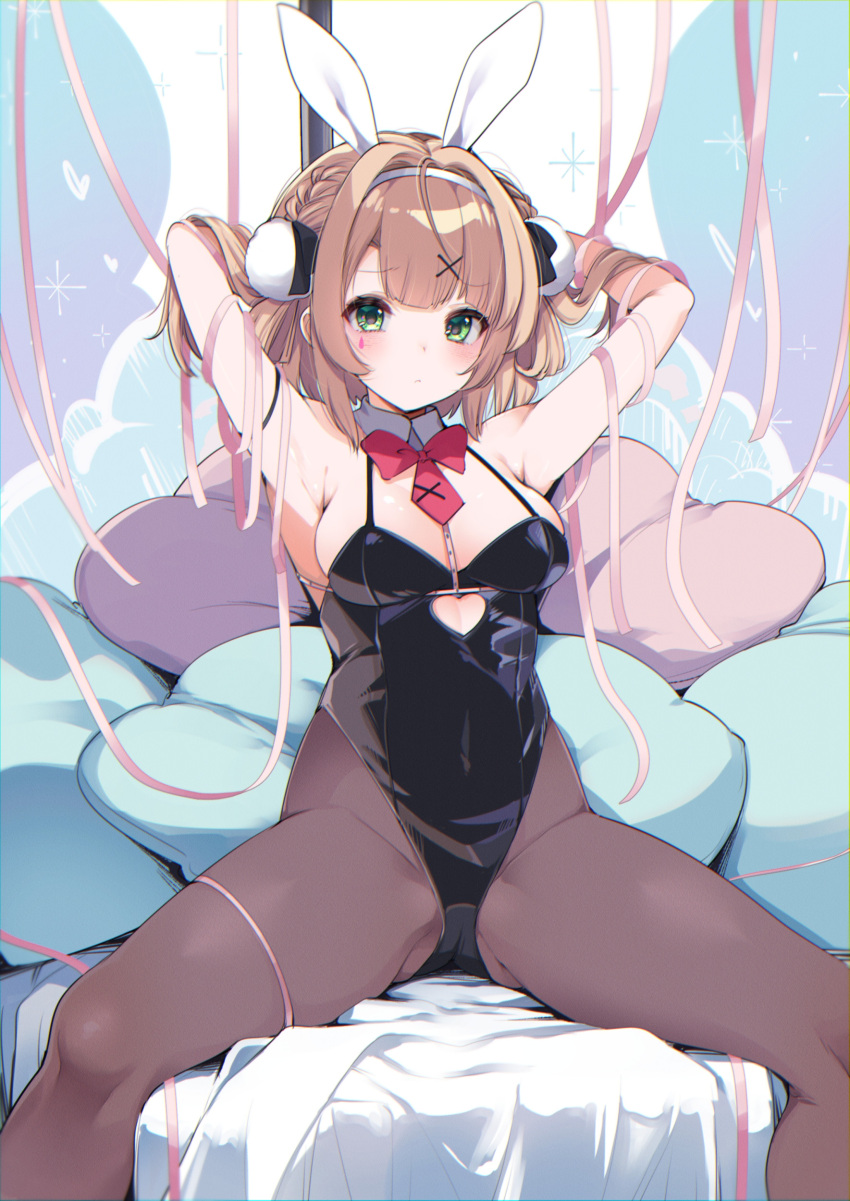 1girl absurdres animal_ears armpits arms_up black_leotard blush bow bowtie breasts clothing_cutout cutout_above_navel detached_collar fake_animal_ears fujisaki_hikari green_eyes hair_ornament heart_cutout highres leotard light_brown_hair looking_at_viewer necktie pantyhose pillow playboy_bunny pole pom_pom_(clothes) pom_pom_hair_ornament rabbit_ears rabbit_hole_(vocaloid) red_bow red_bowtie red_necktie shigure_ui_(vtuber) short_necktie sitting solo stripper_pole teardrop_facial_mark virtual_youtuber x_hair_ornament