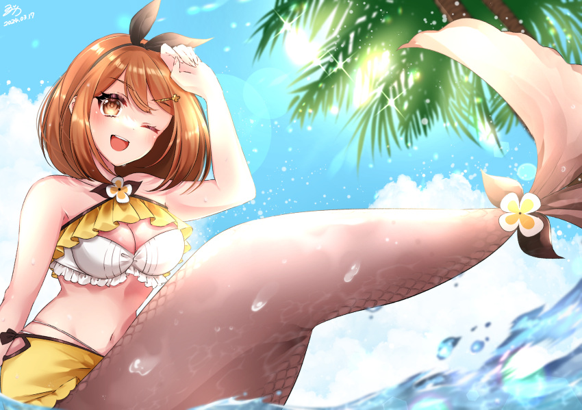 1girl ;d atelier_(series) atelier_ryza atelier_ryza_1 bikini black_hairband black_ribbon blue_sky blush breasts brown_eyes brown_hair cleavage cloud collarbone commentary_request commission day flower frilled_bikini frills hair_ornament hair_ribbon hairband highres large_breasts looking_at_viewer looking_back mermaid monster_girl monsterification navel one_eye_closed open_mouth palm_tree reisalin_stout ribbon scales skeb_commission sky smile solo swimsuit tail tail_flower tail_ornament teeth tongue tree upper_teeth_only water white_bikini yuzuca_(trickster4594)