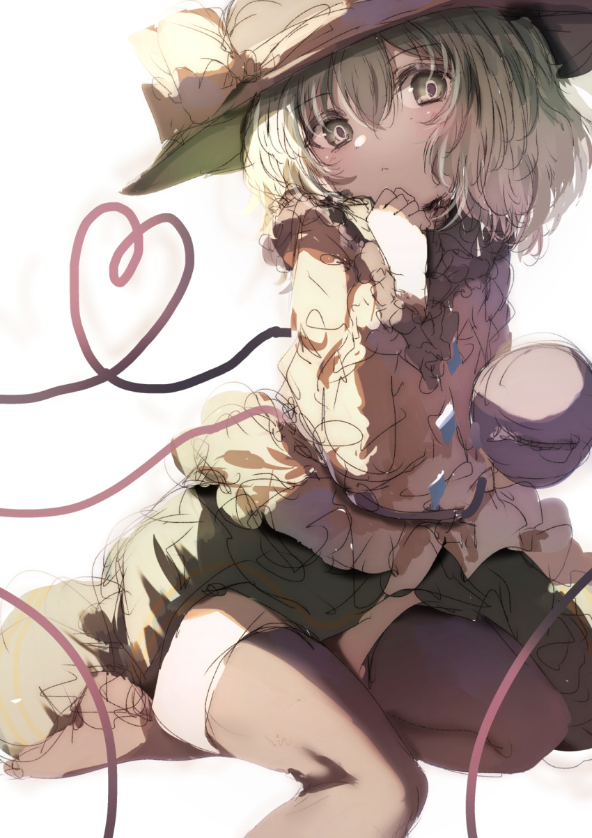 1girl black_headwear black_thighhighs blouse bow buttons diamond_button eyeball frilled_shirt_collar frilled_sleeves frills green_eyes green_hair green_skirt hat hat_bow hat_ribbon heart heart_of_string highres komeiji_koishi natsume_suzuri ribbon shirt sketch skirt solo thighhighs third_eye touhou white_background wide_sleeves yellow_bow yellow_ribbon yellow_shirt