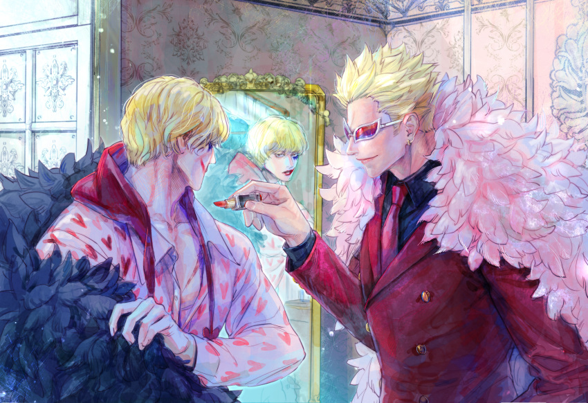 2boys blonde_hair brothers cosmetics donquixote_doflamingo donquixote_rocinante earrings eg_(eastg111) feather_coat heart heart_print highres holding holding_lipstick_tube indoors jewelry lipstick lipstick_tube looking_at_mirror makeup male_focus mirror multiple_boys one_piece reflection shirt short_hair siblings smeared_lipstick smile sunglasses tinted_eyewear upper_body white-framed_eyewear