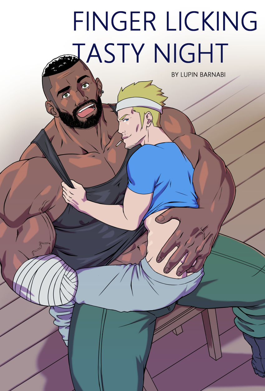 2boys absurdres amputee bara barret_wallace beard black_tank_top character_request couple cover cover_page covered_nipples dark-skinned_male dark_skin doujin_cover facial_hair feet_out_of_frame final_fantasy foreplay from_above full_beard gatling_gun goatee_stubble hand_on_another's_ass headband highres huge_pectorals interracial large_hands large_pectorals looking_at_viewer lupin_barnabi male_focus mature_male midriff_peek multiple_boys muscular muscular_male paid_reward_available pants pectoral_cleavage pectorals short_hair sitting sitting_on_lap sitting_on_person size_difference smirk strongman_waist stubble tank_top thick_eyebrows undercut yaoi