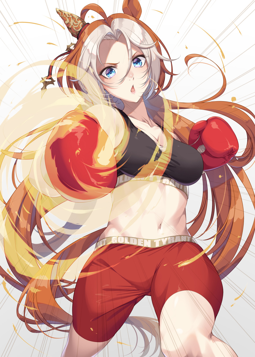 1girl :o absurdres ahoge animal_ears bare_shoulders black_sports_bra blue_eyes boxing_gloves breasts cleavage collarbone commentary_request cowboy_shot ear_covers ear_ornament emphasis_lines highres horse_ears horse_girl long_hair looking_at_viewer medium_breasts midriff mukunokino_isshiki multicolored_hair navel open_mouth orange_hair orfevre_(umamusume) parted_bangs punching red_shorts shorts sidelocks single_ear_cover solo sports_bra standing tail two-tone_hair umamusume white_hair