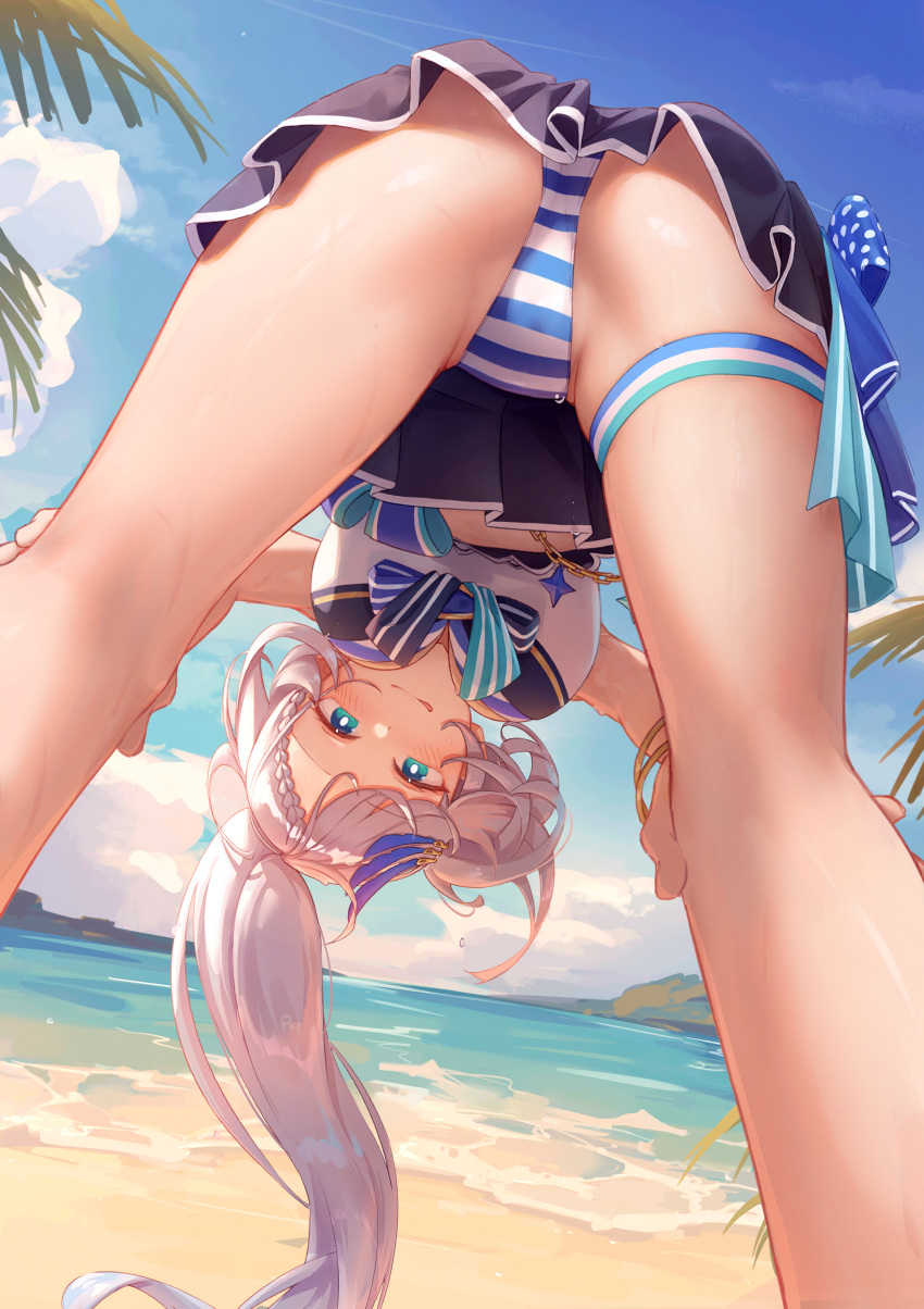 1girl absurdres ass beach bikini blue_eyes blush braid braided_bangs breasts day feather_hair_ornament feathers grey_hair hair_ornament highres hololive hololive_indonesia hololive_summer_2023_swimsuit large_breasts long_hair looking_at_viewer looking_through_own_legs navel open_mouth outdoors pavolia_reine shironekokfp solo striped_bikini striped_clothes swimsuit thigh_strap top-down_bottom-up virtual_youtuber