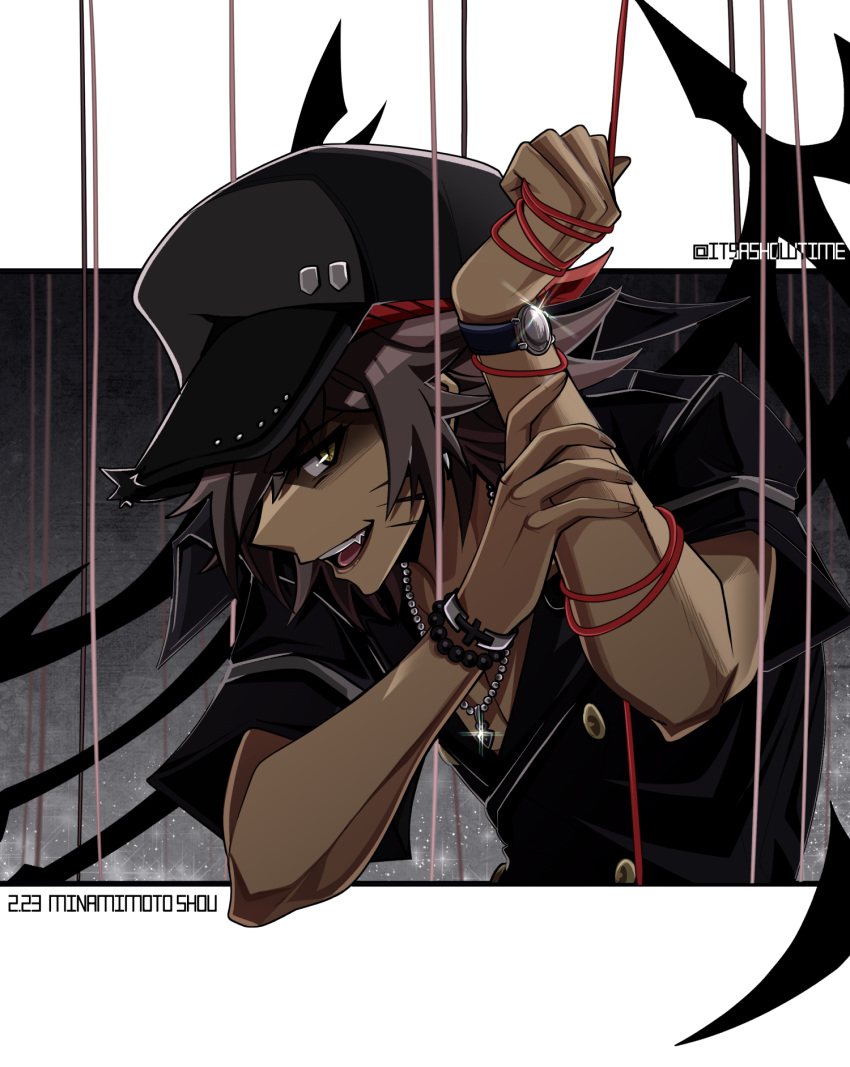 1boy arm_up bead_bracelet beads black_headwear bracelet character_name cross cross_necklace dark-skinned_male dark_skin dated deathtee english_commentary fangs grey_hair hair_between_eyes hat highres jewelry looking_at_viewer male_focus minamimoto_shou necklace open_mouth short_hair slit_pupils smile solo spiked_hair subarashiki_kono_sekai twitter_username upper_body watch wire wristwatch yellow_eyes