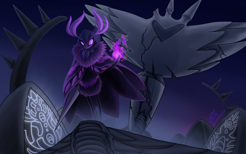 2023 ambiguous_gender antennae_(anatomy) anthro arthropod blue_background clothing colored elemental_manipulation fan_character featureless_feet featureless_hands feet fire fire_manipulation fluffy fog foggy_background gem hollow_knight hood insect lepidopteran light lighting magic magic_user mebi melee_weapon moth neck_tuft purple_body purple_clothing purple_eyes purple_hood purple_robe robe runes sculpture shaded signature simple_background solo standing statue striped_body stripes sword sword_on_back team_cherry tuft weapon