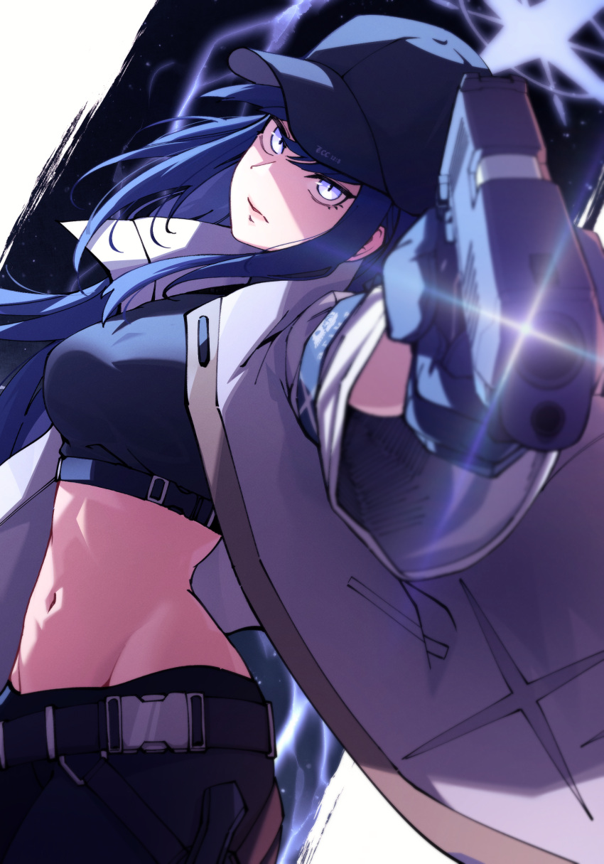 1girl absurdres aiming aiming_at_viewer armband baseball_cap belt black_hair black_pants blue_archive blue_armband blue_eyes coat colored_inner_hair commentary_request cs_(user_rysm3224) gun hair_between_eyes halo handgun hat head_tilt highres holding holding_gun holding_weapon long_hair long_sleeves looking_at_viewer m1911 multicolored_hair navel open_clothes open_coat pants saori_(blue_archive) sidelocks simple_background solo stomach two-tone_hair weapon white_coat wide_sleeves