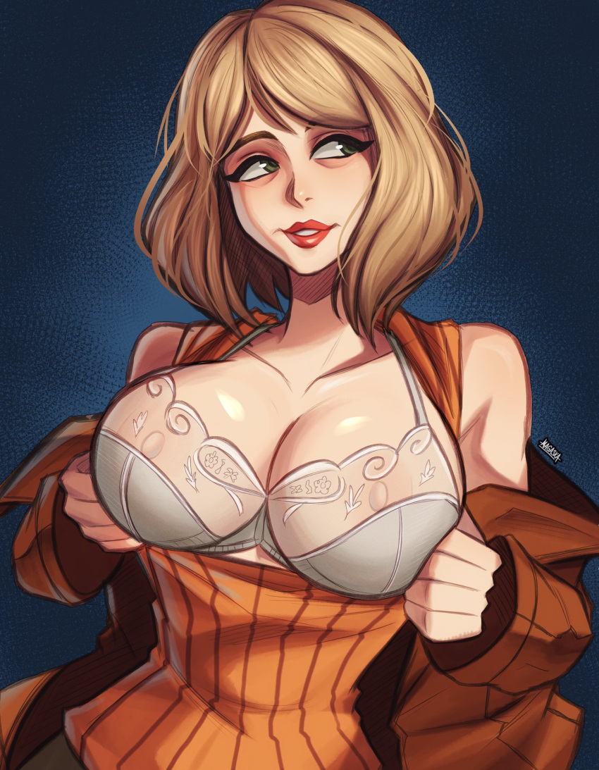 1girl ashley_graham blonde_hair bra breasts breasts_out brown_coat cleavage clothes_pull coat curtained_hair flashing green_eyes highres large_areolae large_breasts lingerie lipstick looking_to_the_side magaska19 makeup narrow_waist nipples off_shoulder open_clothes open_coat orange_sweater paid_reward_available red_lips resident_evil resident_evil_4 resident_evil_4_(remake) ribbed_sweater see-through_bra short_hair sleeveless sleeveless_sweater solo sweater sweater_pull trench_coat underwear white_bra