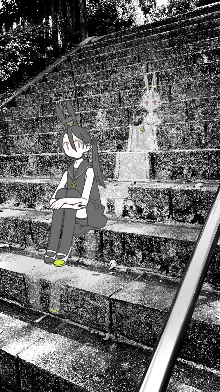2girls animal_ears asymmetrical_footwear brown_eyes choker commentary_request day dress greyscale hair_between_eyes halo highres hugging_own_legs jitome looking_at_viewer monochrome multiple_girls on_stairs original outdoors photo_background rabbit_ears sailor_dress shoes short_shorts shorts shorts_under_dress side_ponytail sitting sleeveless sleeveless_dress spot_color thighhighs uewtsol uwabaki