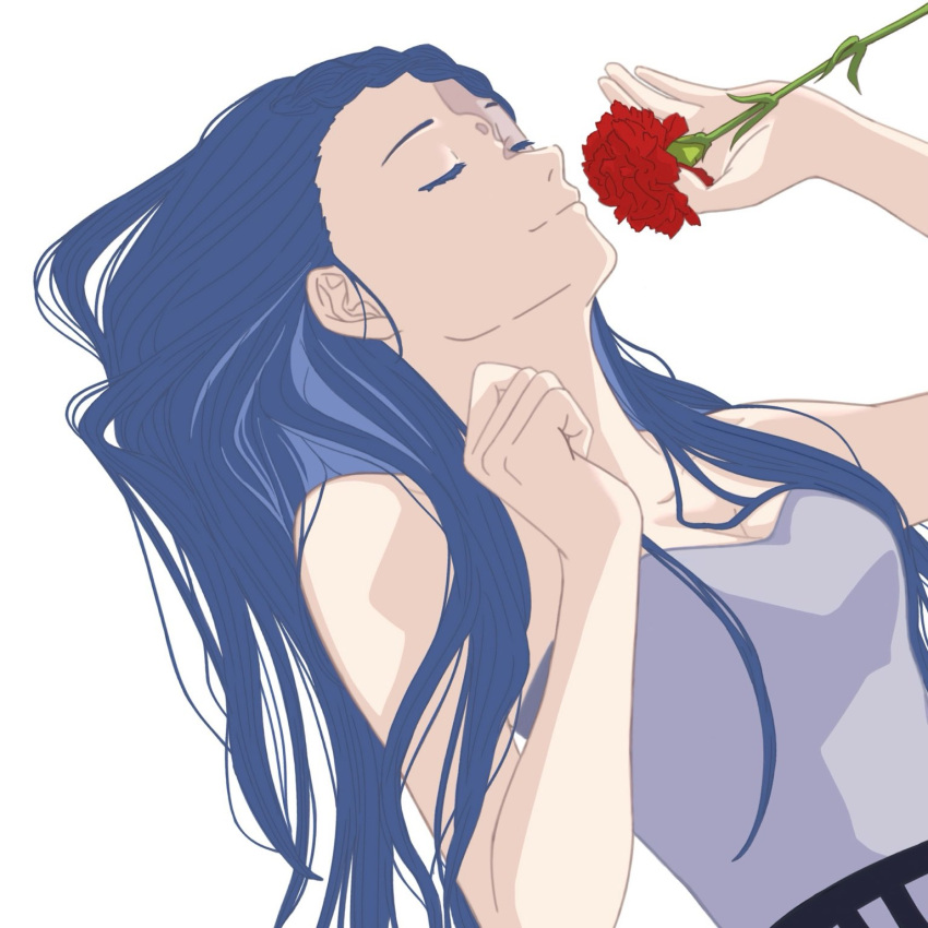 1girl ado_(utaite) blue_hair braid braided_bangs breasts cleavage closed_eyes cloud_nine_inc commentary flower gira_gira grey_shirt hashtag_only_commentary highres holding holding_flower koyuki_(momigara50856) long_hair lying medium_breasts on_back shirt simple_background solo strapless strapless_shirt upper_body valentine white_background