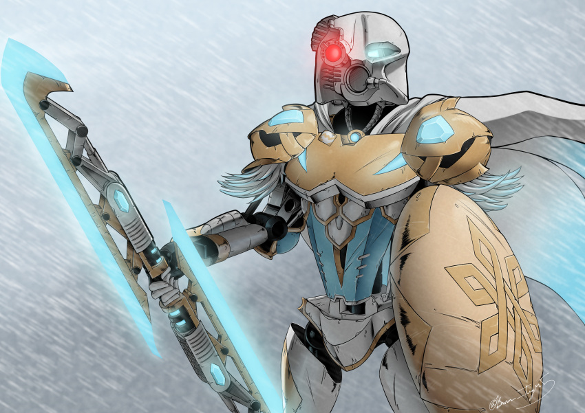 absurdres bionicle blue_eyes burns_tiger5 cape commission double-blade fire_emblem fire_emblem_heroes fjorm_(fire_emblem) fjorm_(ice_ascendant)_(fire_emblem) fusion glowing glowing_eyes heterochromia highres holding holding_weapon humanoid_robot kanohi_(bionicle) kopaka_(bionicle) mask red_eyes robot shield signature snowing solo the_lego_group weapon white_cape