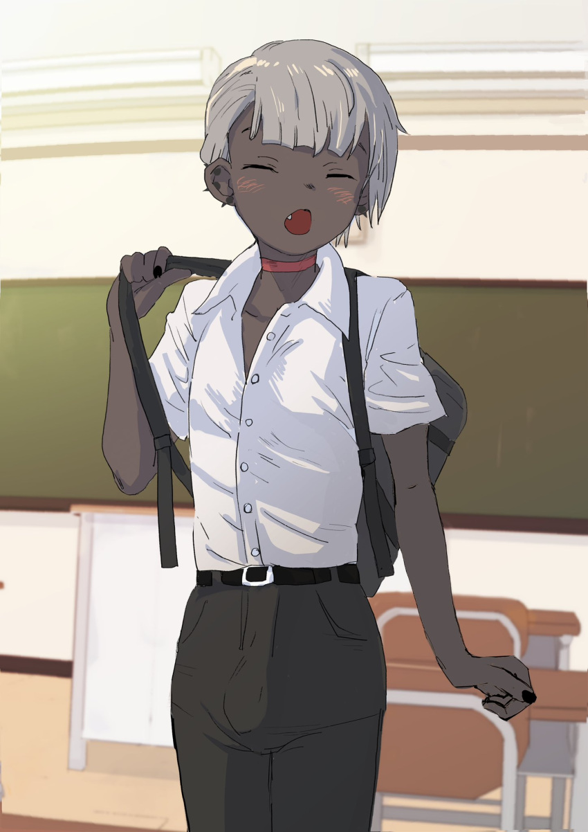 1boy backpack bad_id bad_twitter_id bag belt black_nails black_pants blush bulge buttons chair chalkboard choker classroom closed_eyes collared_shirt dark-skinned_male dark_skin desk ear_piercing fang grey_hair hair_behind_ear highres inactive_account indoors male_focus open_mouth original otoko_no_ko pants partially_unbuttoned piercing podium red_choker school_chair school_desk school_uniform shirt short_hair short_sleeves solo spike_piercing tajmahalchiba white_shirt