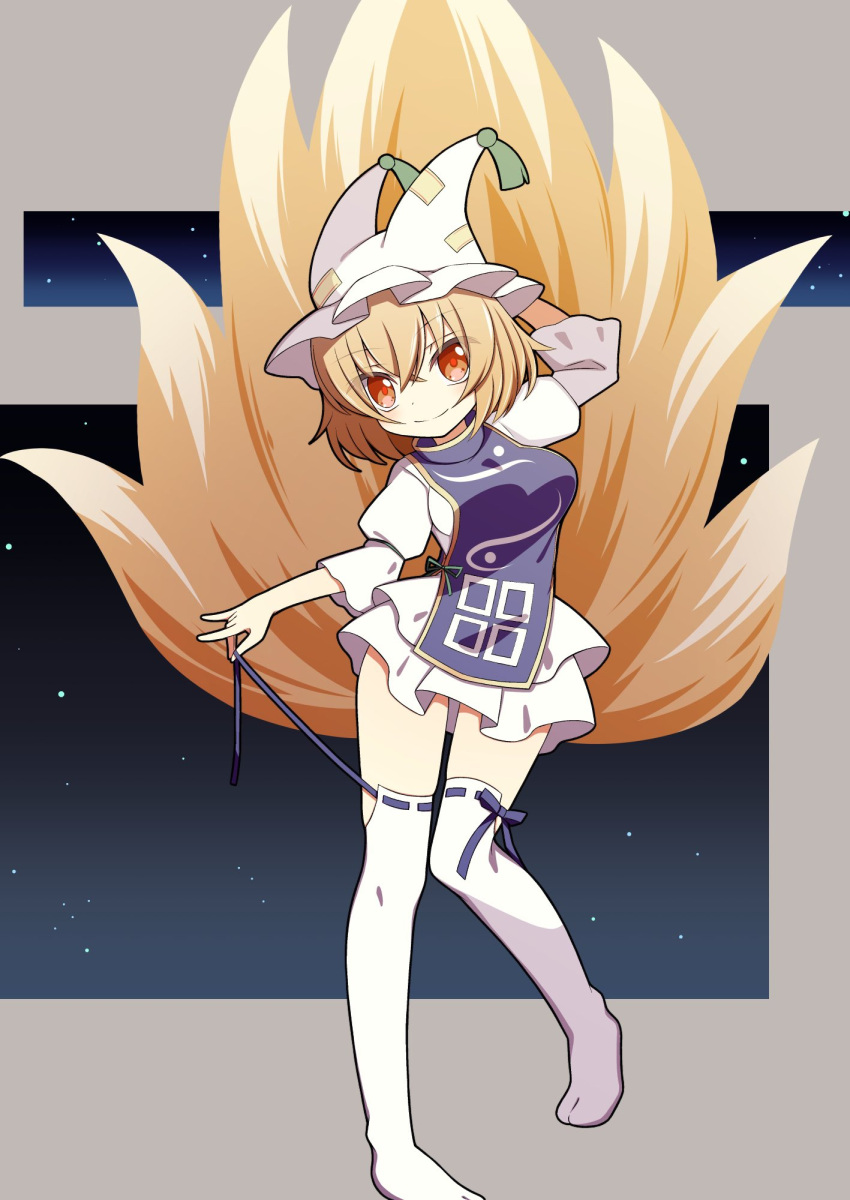 1girl arm_behind_head blonde_hair breasts closed_mouth dress fox_tail grey_background hat hekkmushi highres kitsune looking_at_viewer mob_cap multiple_tails orange_eyes red_eyes short_hair short_sleeves smile solo tabard tail thighhighs touhou white_dress white_headwear white_thighhighs yakumo_ran