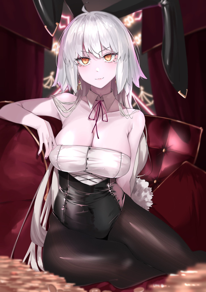 1girl aegyo_sal ahoge alternate_costume animal_ears bare_shoulders black_leotard black_pantyhose blurry blurry_background blurry_foreground breasts cleavage collarbone detached_collar fake_animal_ears fate/grand_order fate_(series) grey_hair hand_up highres jeanne_d'arc_alter_(fate) large_breasts leotard long_hair looking_at_viewer neck_ribbon orange_hair pantyhose playboy_bunny rabbit_ears red_nails red_ribbon ri_o_ne_su ribbon sitting slit_pupils solo very_long_hair