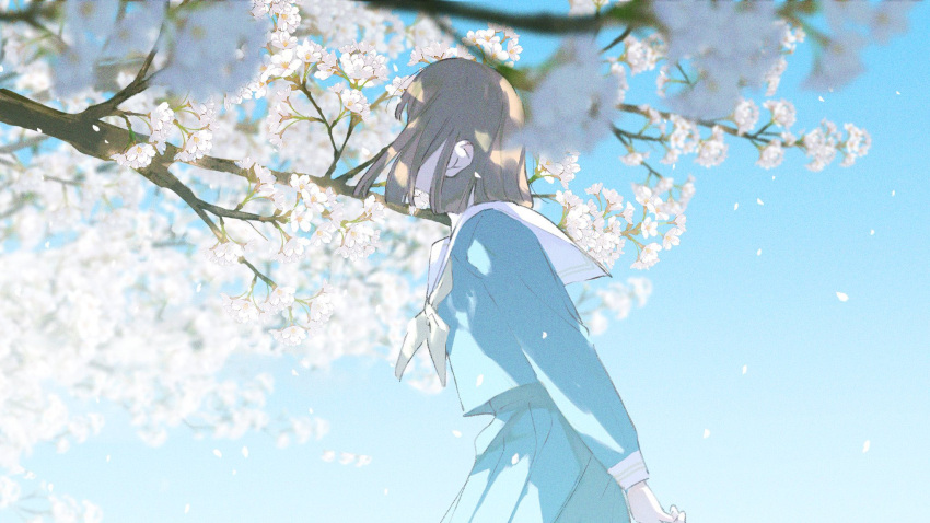 1girl blue_serafuku blue_shirt blue_skirt blue_sky blurry brown_hair cherry_blossoms commentary_request cowboy_shot day depth_of_field falling_petals film_grain floating_hair highres long_sleeves neckerchief original outdoors petals pleated_skirt sailor_collar school_uniform serafuku shirt short_hair skirt sky solo white_sailor_collar yellow_neckerchief yuribou